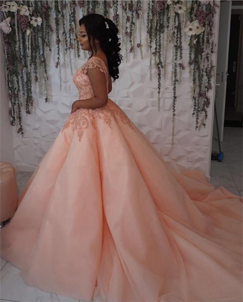 Modest Lace Cap Sleeves Coral Organza Quinceanera Dresses Ball Gowns