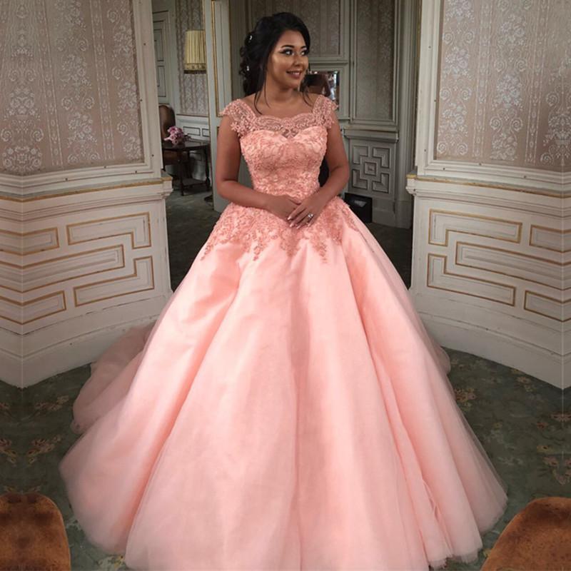 Modest Lace Cap Sleeves Coral Organza Quinceanera Dresses Ball Gowns