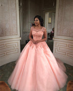 Load image into Gallery viewer, Modest Lace Cap Sleeves Coral Organza Quinceanera Dresses Ball Gowns
