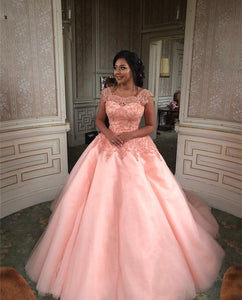 Modest Lace Cap Sleeves Coral Organza Quinceanera Dresses Ball Gowns
