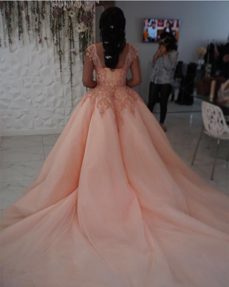 Modest Lace Cap Sleeves Coral Organza Quinceanera Dresses Ball Gowns