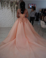 Load image into Gallery viewer, Modest Lace Cap Sleeves Coral Organza Quinceanera Dresses Ball Gowns
