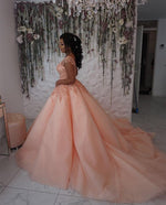 Load image into Gallery viewer, Modest Lace Cap Sleeves Coral Organza Quinceanera Dresses Ball Gowns
