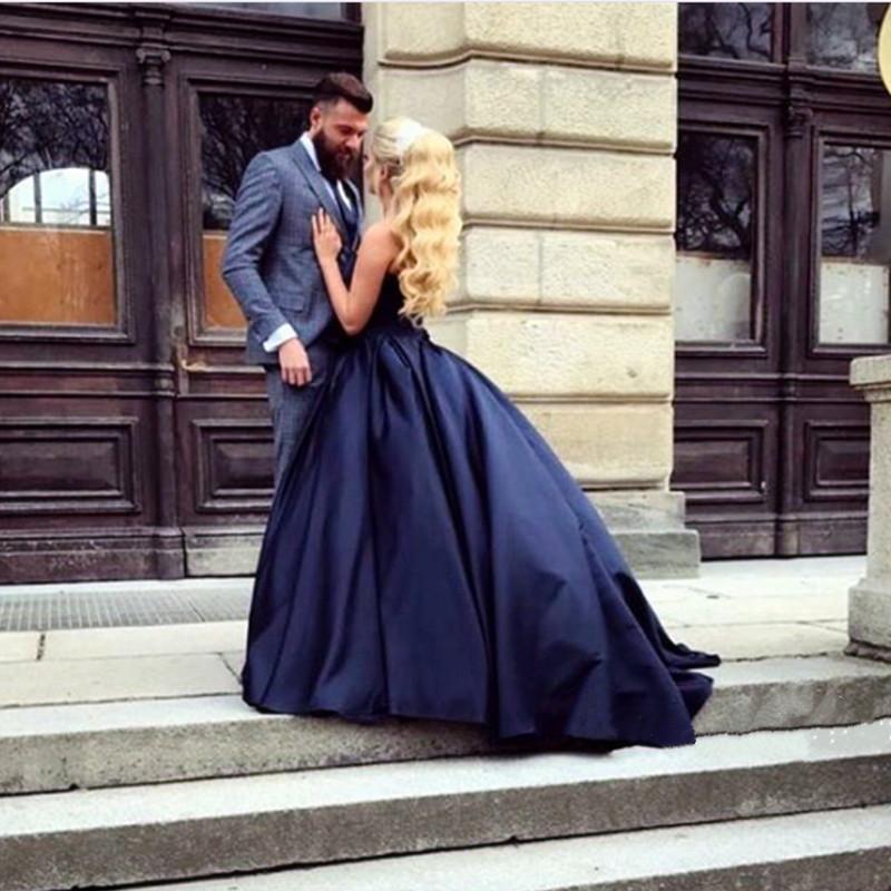 navy blue sweetheart ball gowns satin wedding dresses 2019