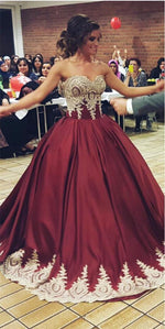 Load image into Gallery viewer, Gold Lace Appliques Sweetheart Burgundy Satin Quinceanera Dresses Ball Gowns
