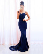 Load image into Gallery viewer, Navy-Blue-Formal-Dresses-Long-Mermaid-Prom-Gowns-Lace-Appliques
