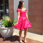 Load image into Gallery viewer, Pink Satin V Neck Short Homecoming Dresses Off Shoulder
