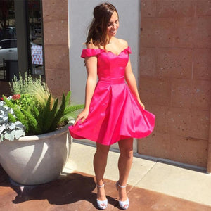 Pink Satin V Neck Short Homecoming Dresses Off Shoulder