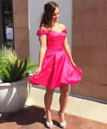 Load image into Gallery viewer, Pink Satin V Neck Short Homecoming Dresses Off Shoulder
