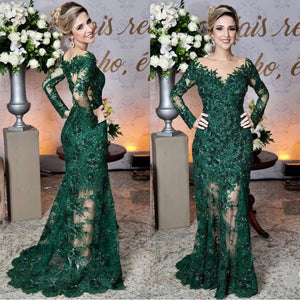 Long Sleeves Lace Mermaid Prom Dresses See Through Evening Gowns
