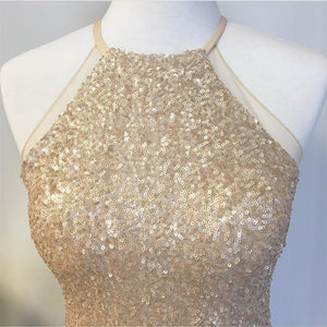 Rose Gold Sequins Halter Bridesmaid Dresses Long Mermaid Gowns