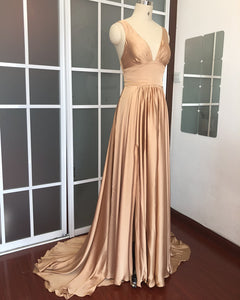 Long Chiffon V-neck Empire Waistline Leg Slit Bridesmaid Dresses