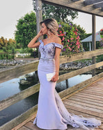 Load image into Gallery viewer, Lavender Bridesmaid Dresses Mermaid Off Shoulder Gowns Lace Flowers Applique
