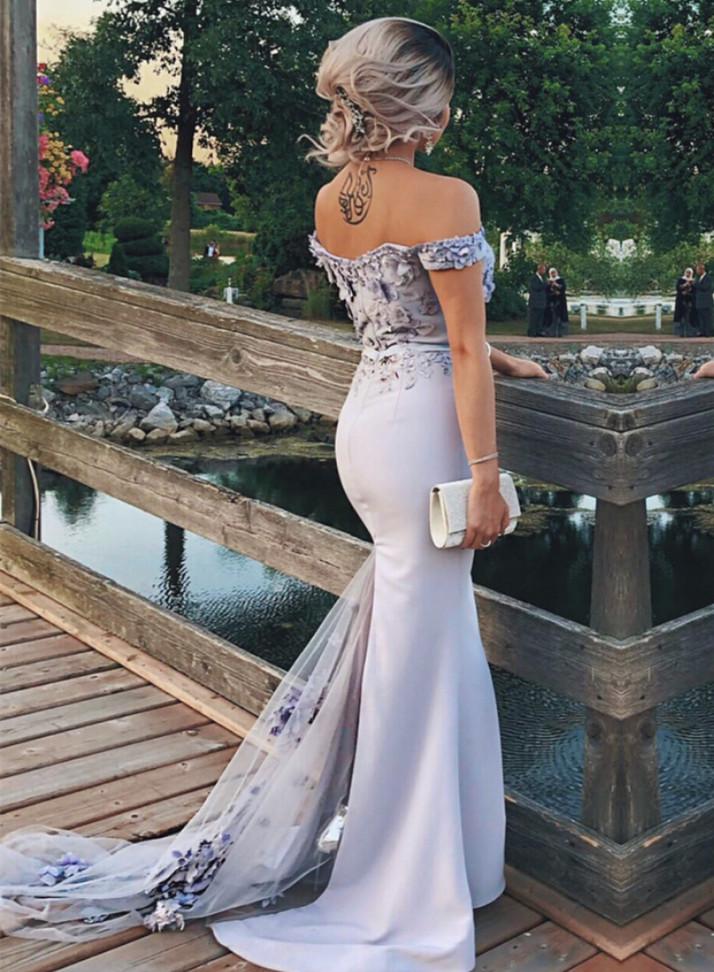 Sexy Off Shoulder Long Jersey Mermaid Bridesmaid Dresses With Lace Flowers