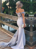 Load image into Gallery viewer, Sexy Off Shoulder Long Jersey Mermaid Bridesmaid Dresses With Lace Flowers
