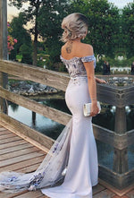Load image into Gallery viewer, Sexy Off Shoulder Long Jersey Mermaid Bridesmaid Dresses With Lace Flowers
