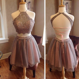 Lace Crop Top Pleated Tulle Homecoming Dresses Two Piece