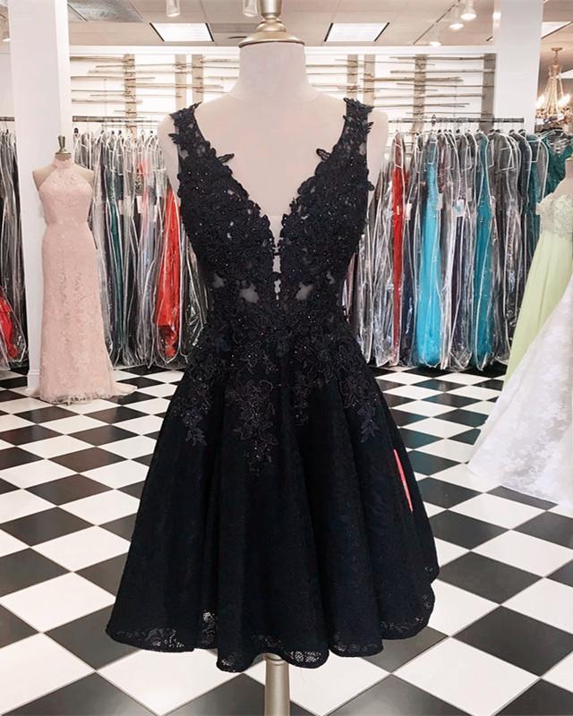 short-black-homecoming-dresses-lace-v-neck-prom-gowns
