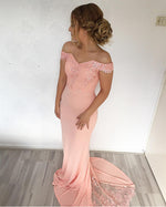 Load image into Gallery viewer, Mermaid Sweep Train Off Shoulder Prom Dresses Lace Appliques
