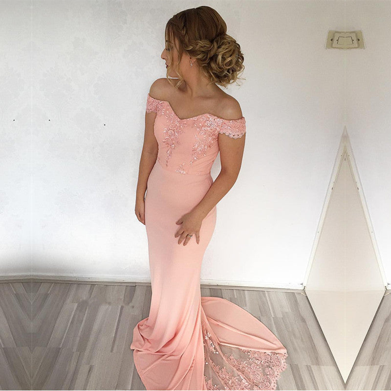 Mermaid Sweep Train Off Shoulder Prom Dresses Lace Appliques