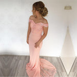 Load image into Gallery viewer, Mermaid Sweep Train Off Shoulder Prom Dresses Lace Appliques
