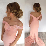 Load image into Gallery viewer, Mermaid Sweep Train Off Shoulder Prom Dresses Lace Appliques
