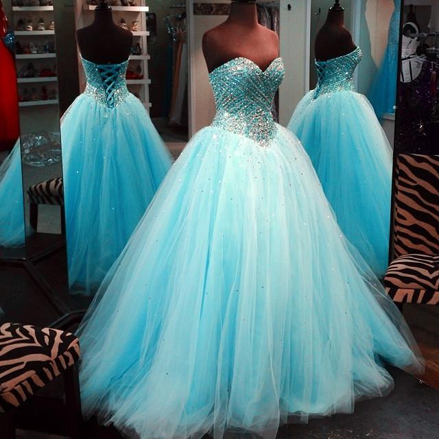 Crystal Beaded Sweetheart Tulle Ball Gowns Prom Quinceanera Dresses 2017