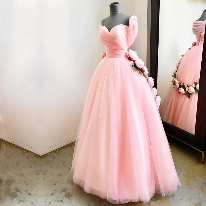 A Line Sweetheart Pink Tulle Princess Wedding Dresses With Peonies Flowers