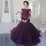 Load image into Gallery viewer, Dark Purple Lace Long Sleeves Mermaid Evening Dresses
