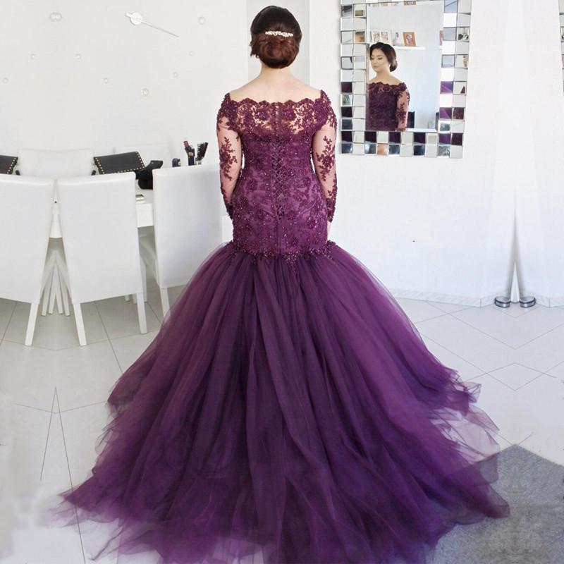 Dark Purple Lace Long Sleeves Mermaid Evening Dresses