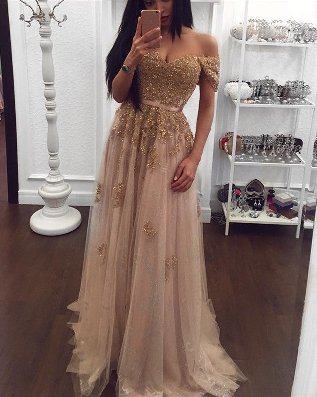 Gold Lace Beaded Sweetheart Tulle Prom Dresses Off-the-shoulder