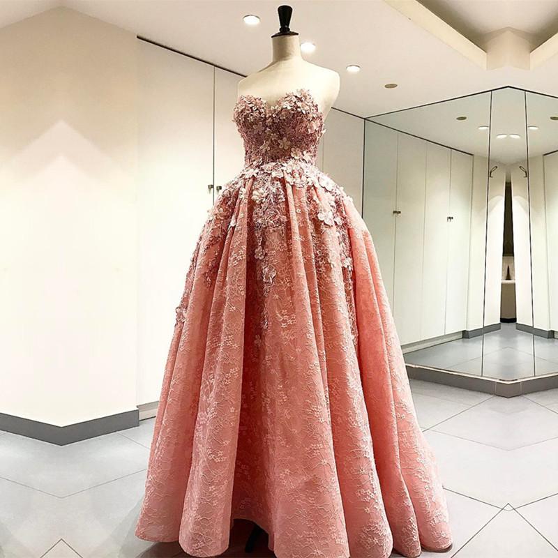 Elegant Handmade Flower Sweetheart Pink Lace Prom Dresses Floor Length Evening Gowns