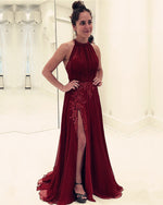 Load image into Gallery viewer, Wine-Red-Evening-Gowns-Tulle-Floor-Length-Prom-Dresses-Leg-Slit
