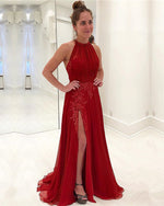 Load image into Gallery viewer, Long-Red-Prom-Dresses-Lace-Appliques-Tulle-Halter-Evening-Gowns
