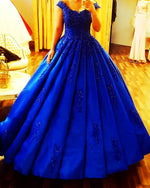 Afbeelding in Gallery-weergave laden, Lace-Cap-Sleeves-Satin-Wedding-Dresses-Ball-Gowns-Modest-Quinceanera-Dresses
