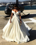 Load image into Gallery viewer, Off The Shoulder V Neck Satin Ball Gowns Wedding Dresses
