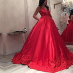 Load image into Gallery viewer, Deep V-neck Long Satin Ball Gowns Wedding Dresses Lace Appliques
