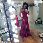 Cargar imagen en el visor de la galería, Long Satin Open Back Prom Dresses 2018 Leg Slit Evening Gowns
