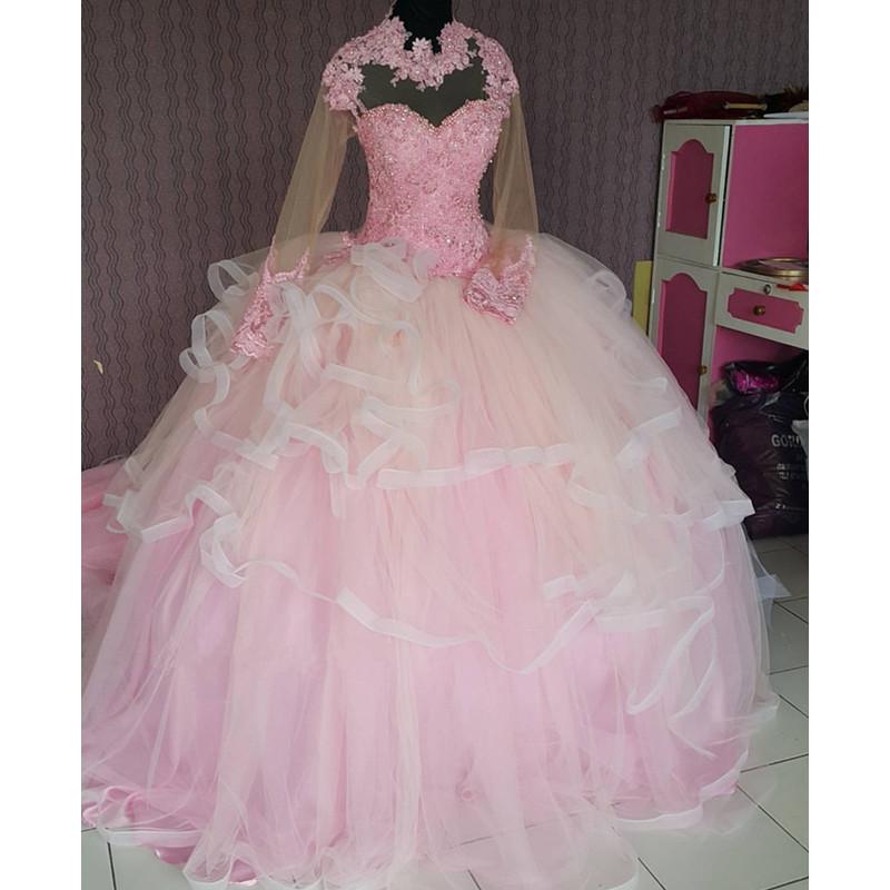Lace Appliques High Neck Long Sleeves Ball Gowns Wedding Dresses Pink