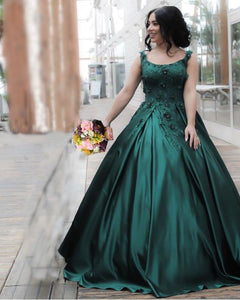 Spaghetti Straps Lace Flowers Embroidery Satin Ball Gowns Floor Length Engagement Dress