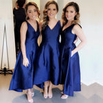 Load image into Gallery viewer, navy blue satin v neck bridesmaid dresses elegant

