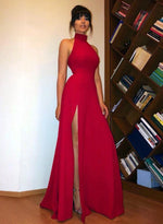 Load image into Gallery viewer, Long-Red-Prom-Dresses-High-Neck-Evening-Gowns
