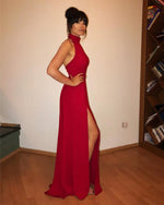 Cargar imagen en el visor de la galería, Halter-Chiffon-Prom-Long-Dresses-Leg-Slit-Evening Gowns
