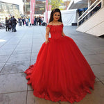 Load image into Gallery viewer, Red Lace Off Shoulder Tulle Ball Gowns Wedding Dresses
