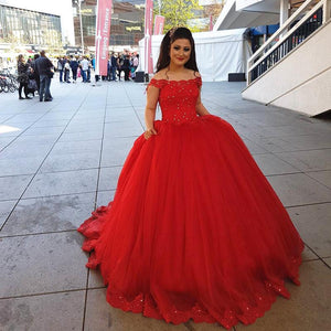 Red Lace Off Shoulder Tulle Ball Gowns Wedding Dresses