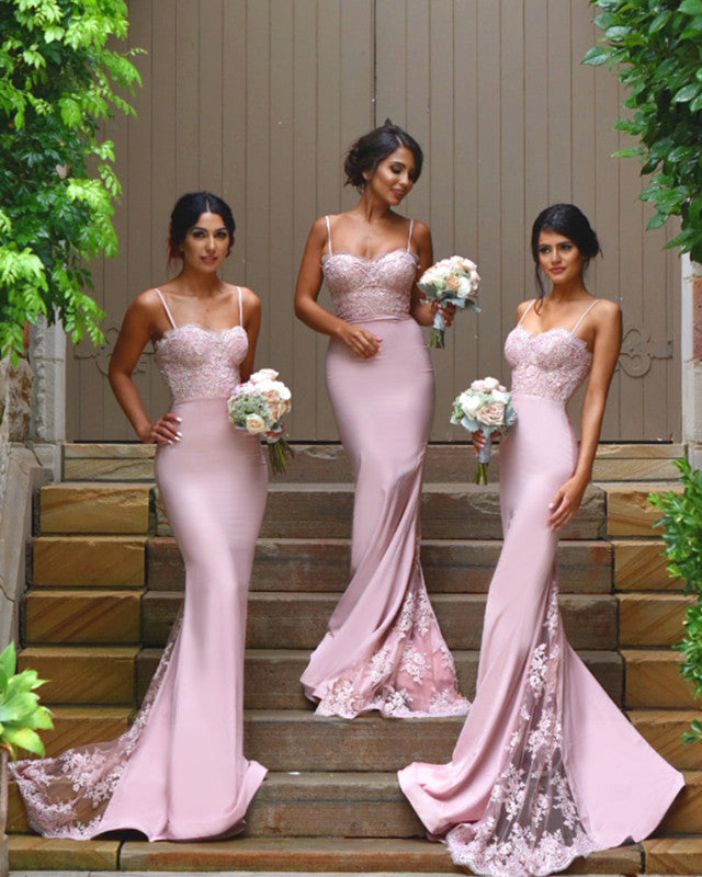 Pale-Pink-Mermaid-Formal-Gowns-Long-Jersey-Bridesmaid-Dresses-Lace-Appliques