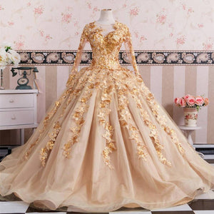 Gold Long Sleeves Wedding Dresses Ball Gowns Lace Embroidery