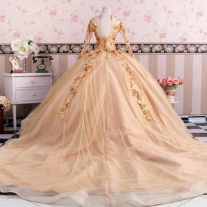 Gold Long Sleeves Wedding Dresses Ball Gowns Lace Embroidery