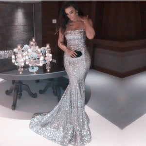 Long Gold Sequins Strapless Prom Dress Mermaid Evening Gowns