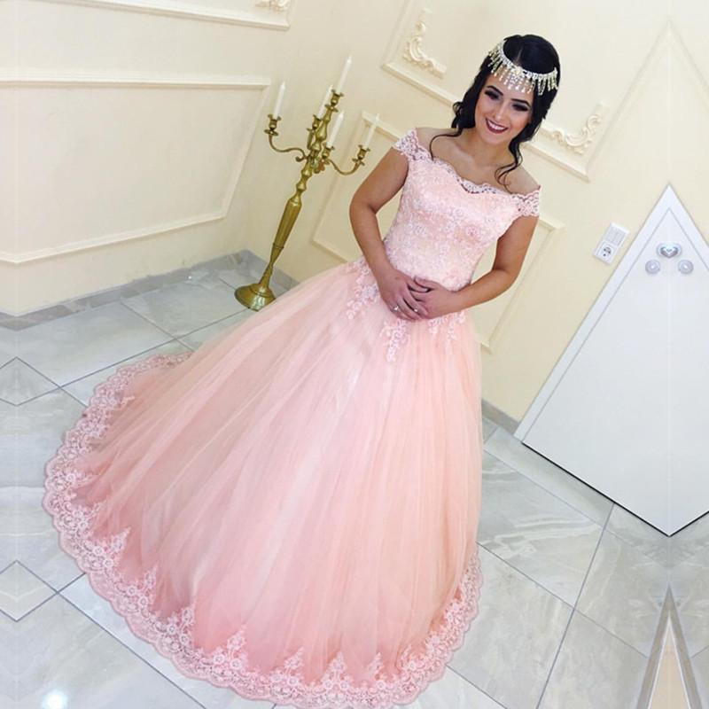 Lace Appliques Off Shoulder Pink Tulle Quinceanera Dresses Ball Gowns